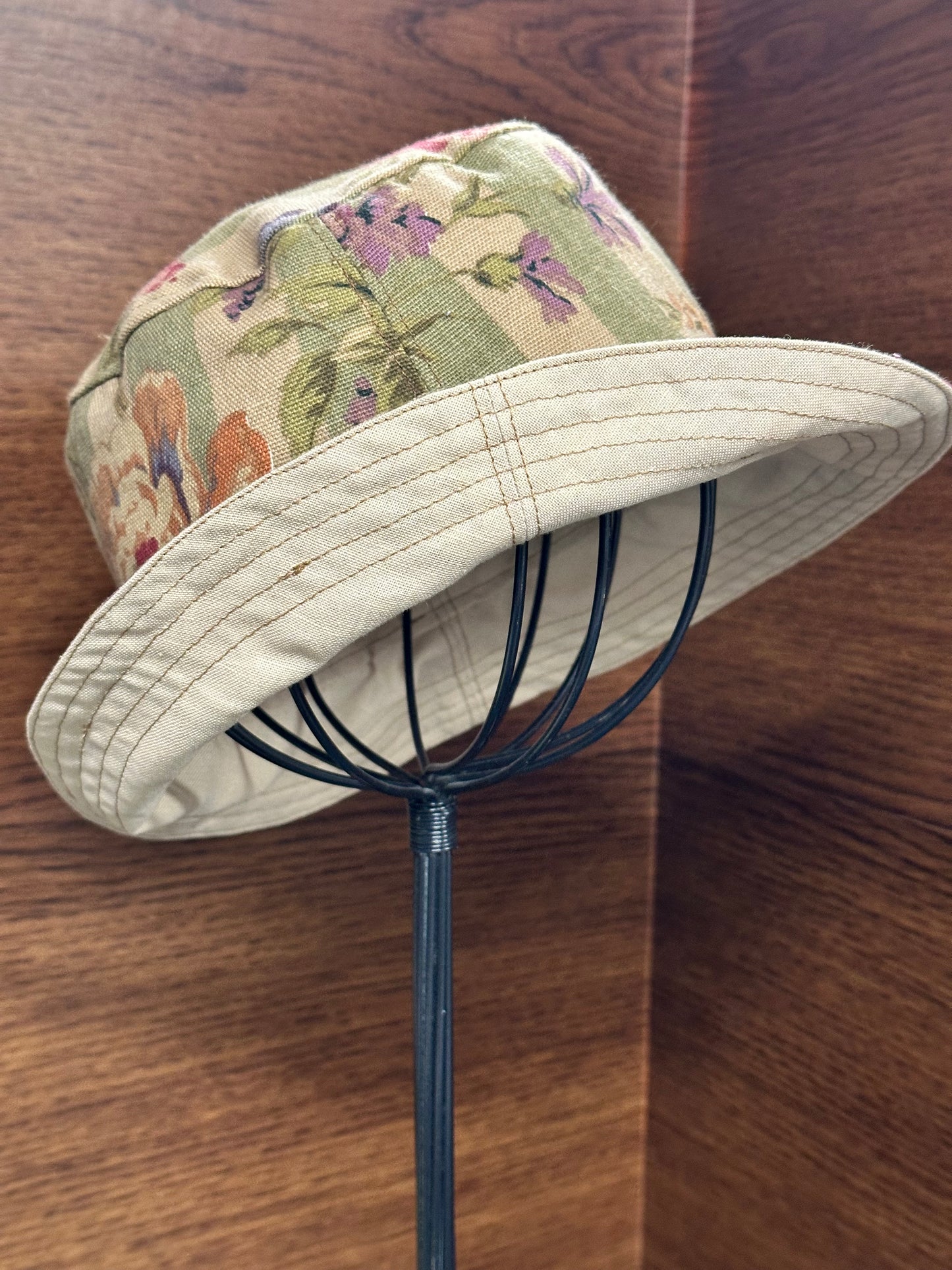 Bucket Hat Small Green Stripes Vintage Floral Handmade