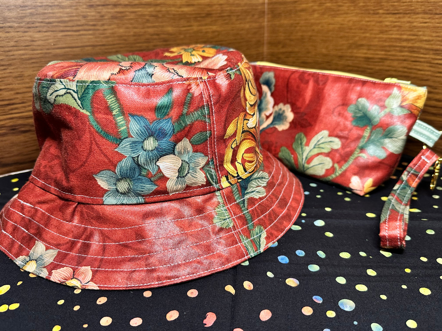 Bucket Hat & Soft Clutch Rust Red Floral Large