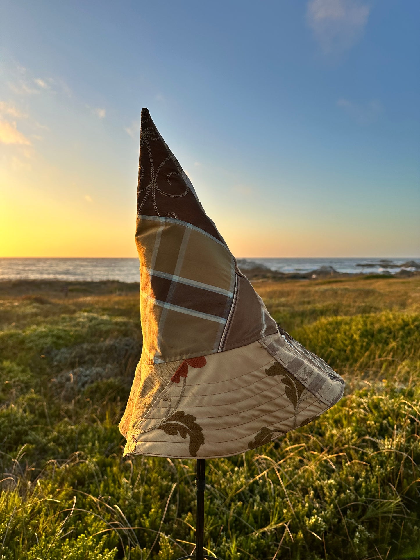 A Witches Hat Reversible Large Gold/Tan Handmade Reclaimed Fabrics