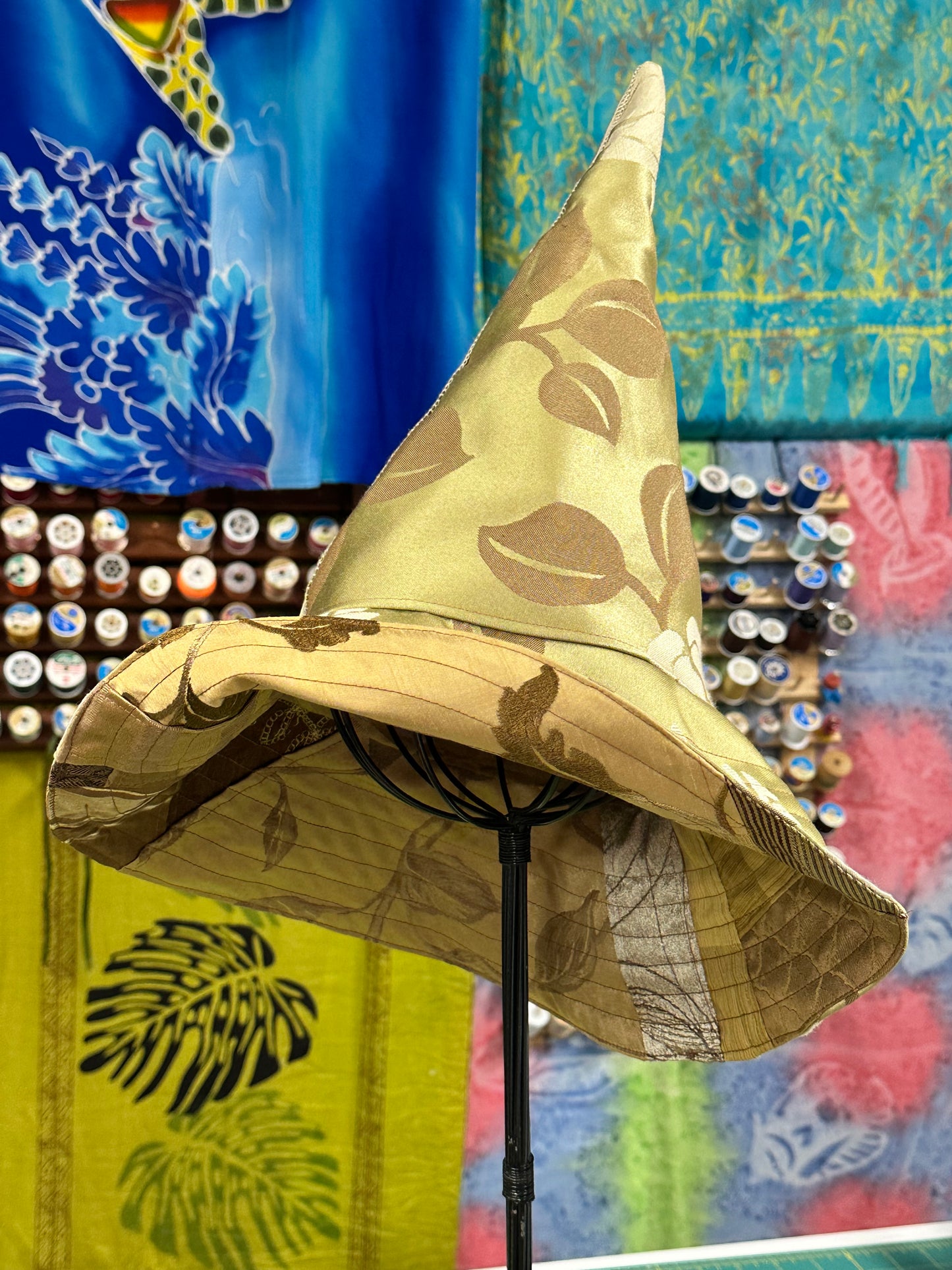 A Witches Hat Reversible Large Gold/Tan Handmade Reclaimed Fabrics