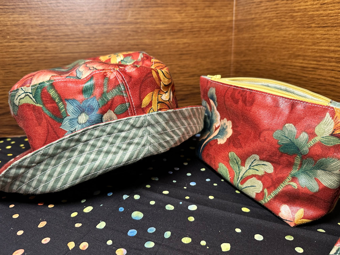 Bucket Hat & Soft Clutch Rust Red Floral Large