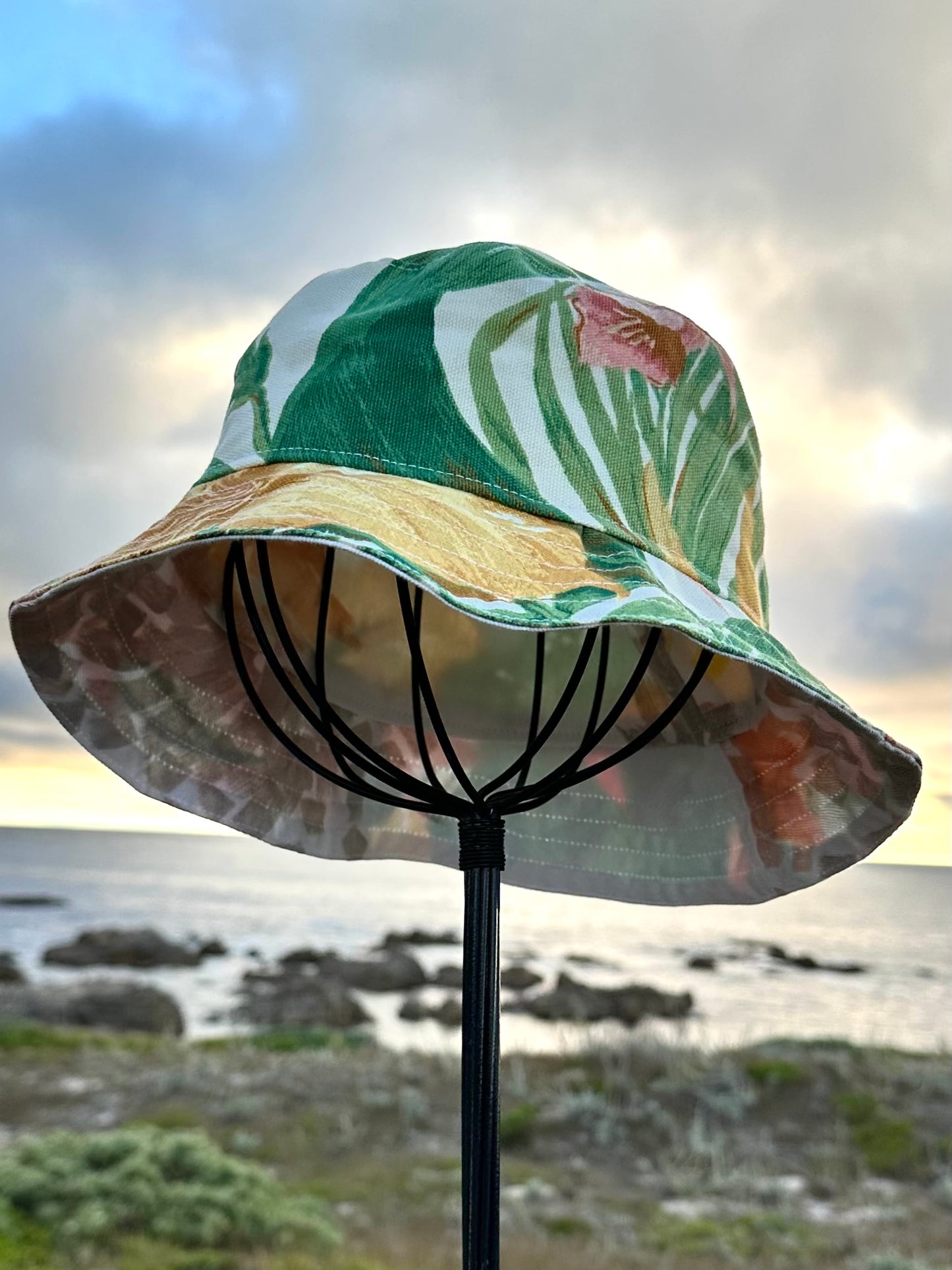 White Floral Canvas Bucket Hat M Handmade Vintage Materials