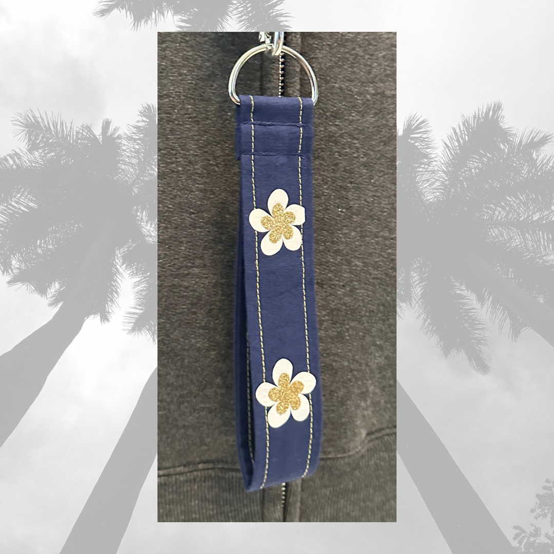 Lanyard and Wrist Strap Navy with White and Gold Tropical Flowers