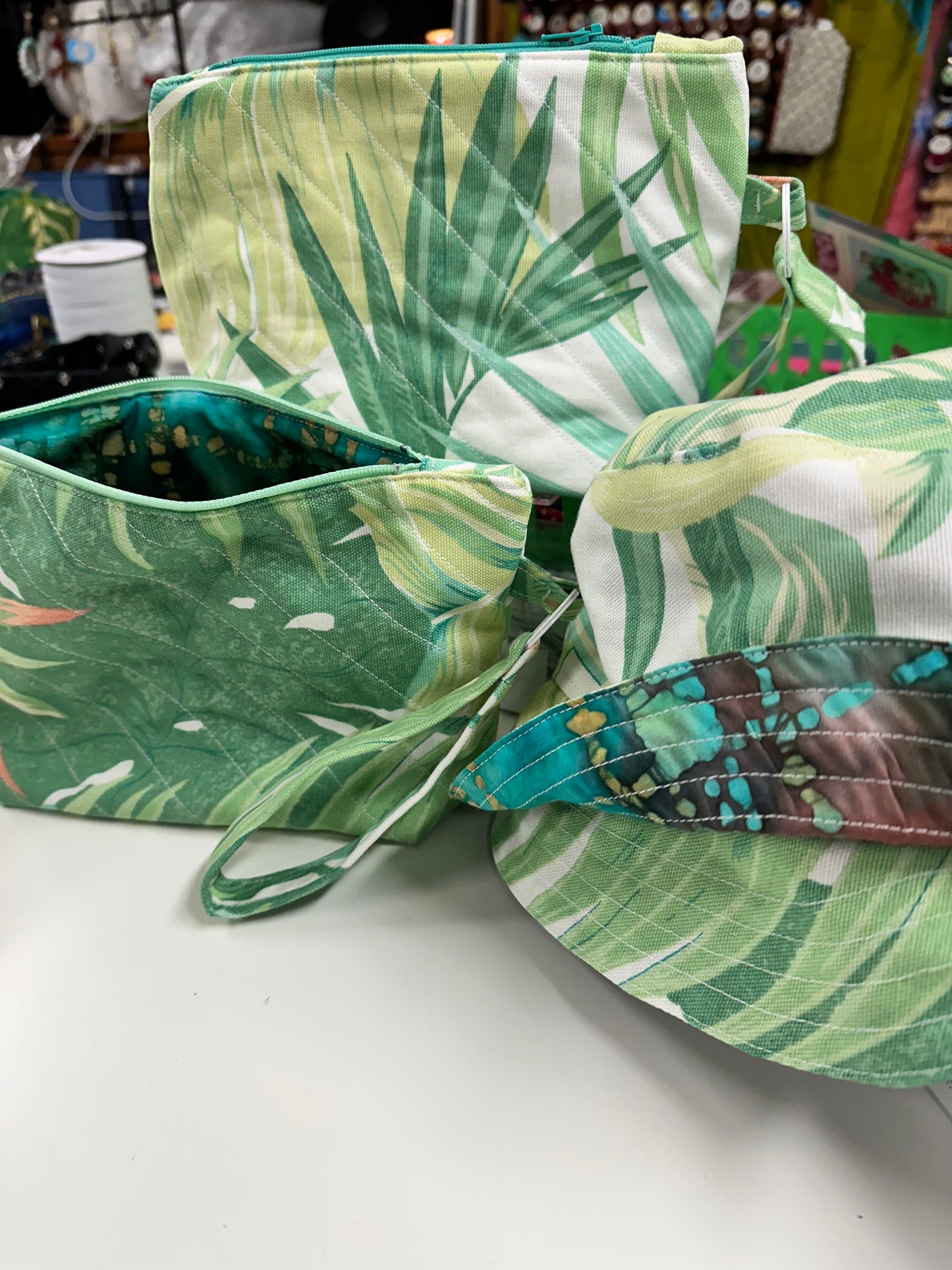 Bucket Hat & Quilted Clutch Set White with Palm Leaves