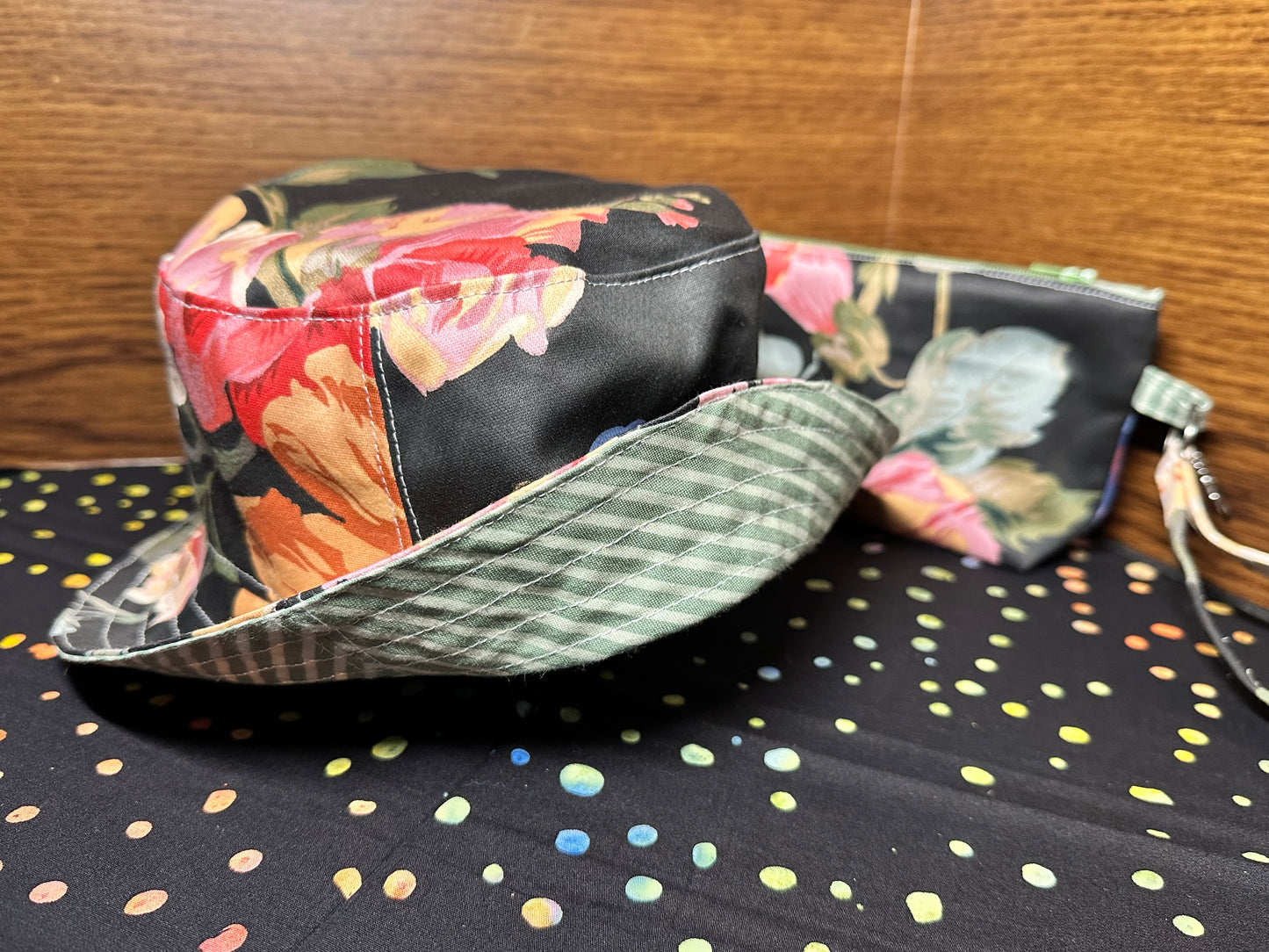 Bucket Hat & Soft Clutch Black Floral Large