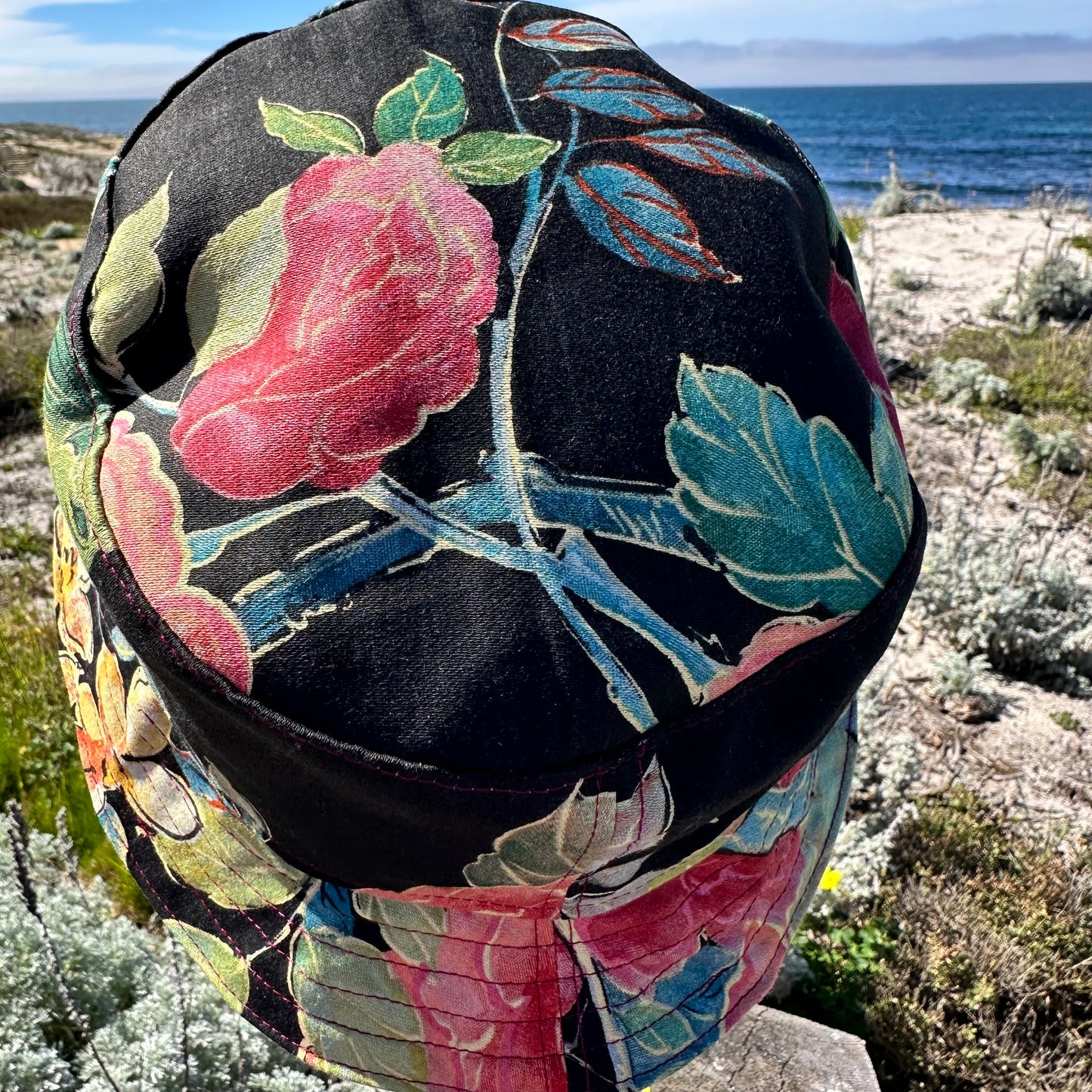Bucket Hat Black BG Floral + pink & gold