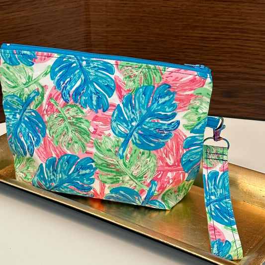 Zip Bag Colorful Monstera Leaf Zipper Pouch with Wrist Strap Make Up Bag Clutch