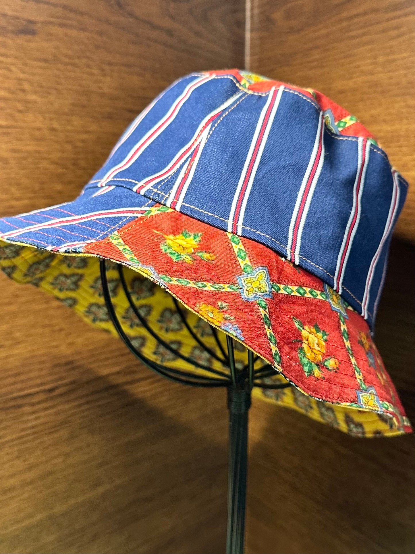 Blue Red Yellow Bucket Hat Small Handmade Vintage Materials
