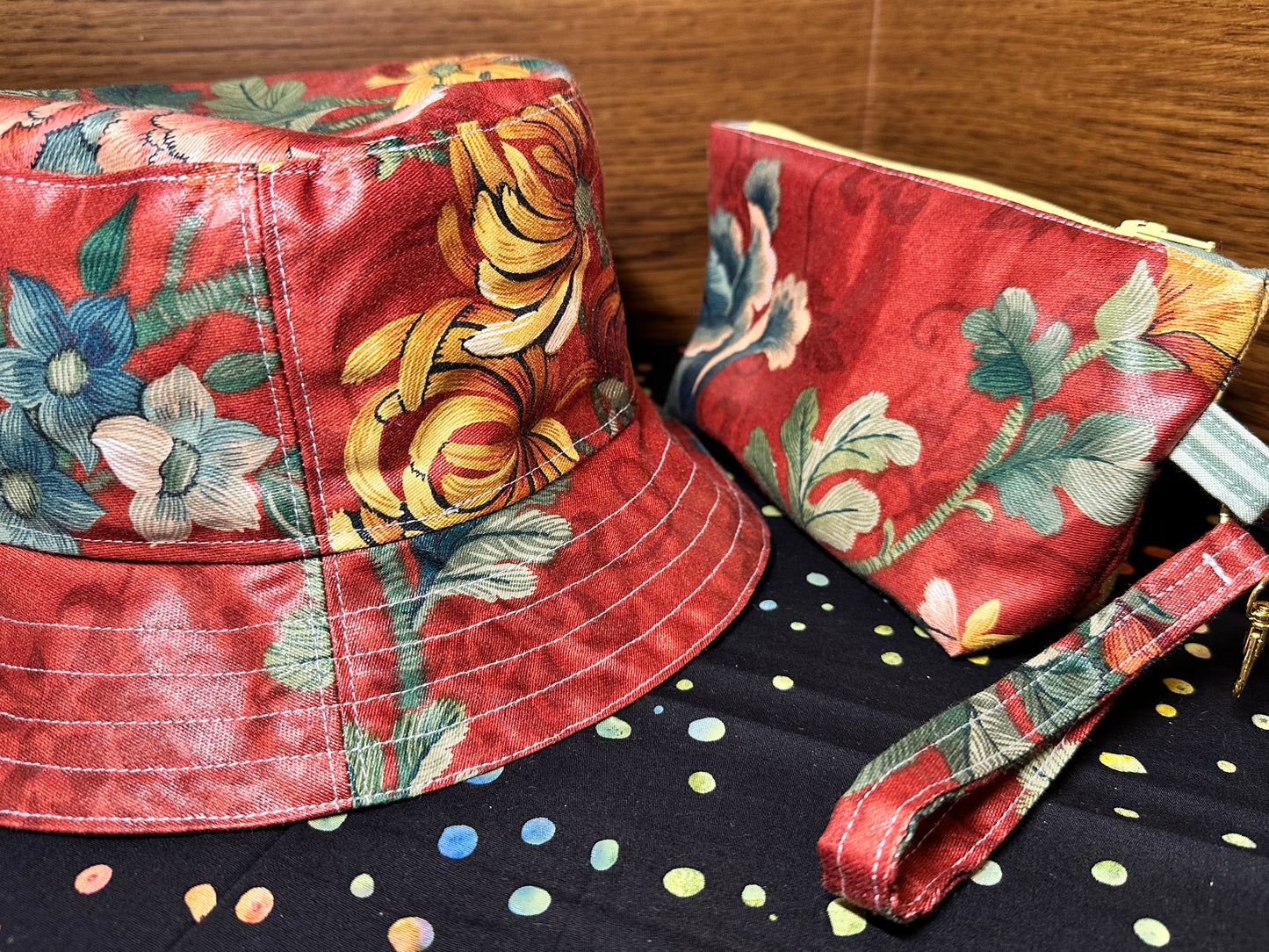 Bucket Hat & Soft Clutch Rust Red Floral Large
