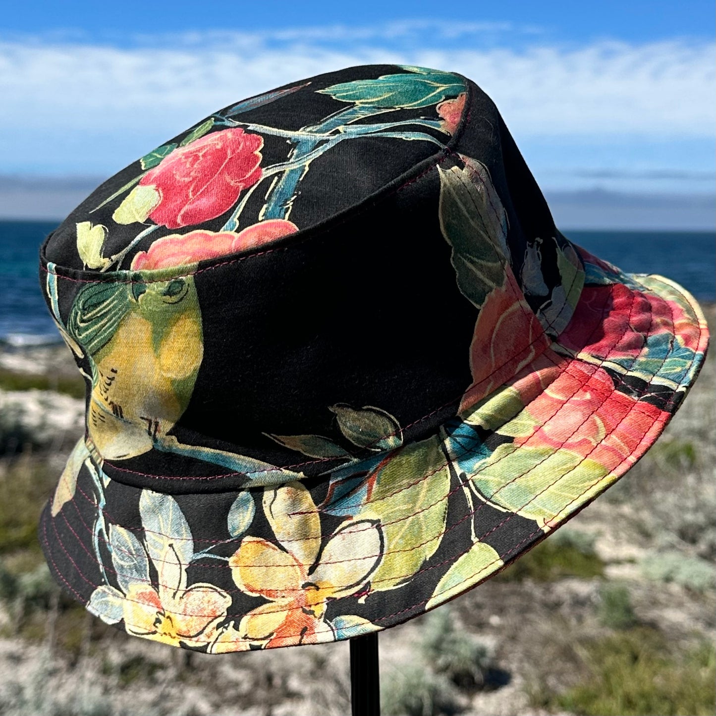Bucket Hat Black BG Floral + pink & gold