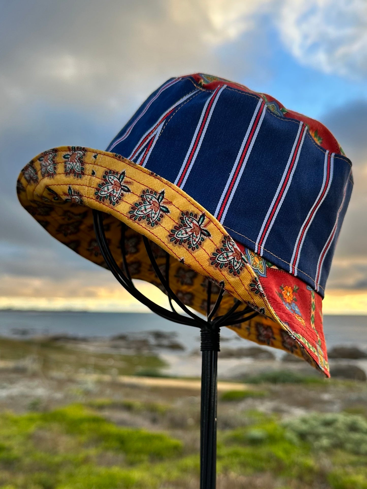 Blue Red Yellow Bucket Hat Small Handmade Vintage Materials