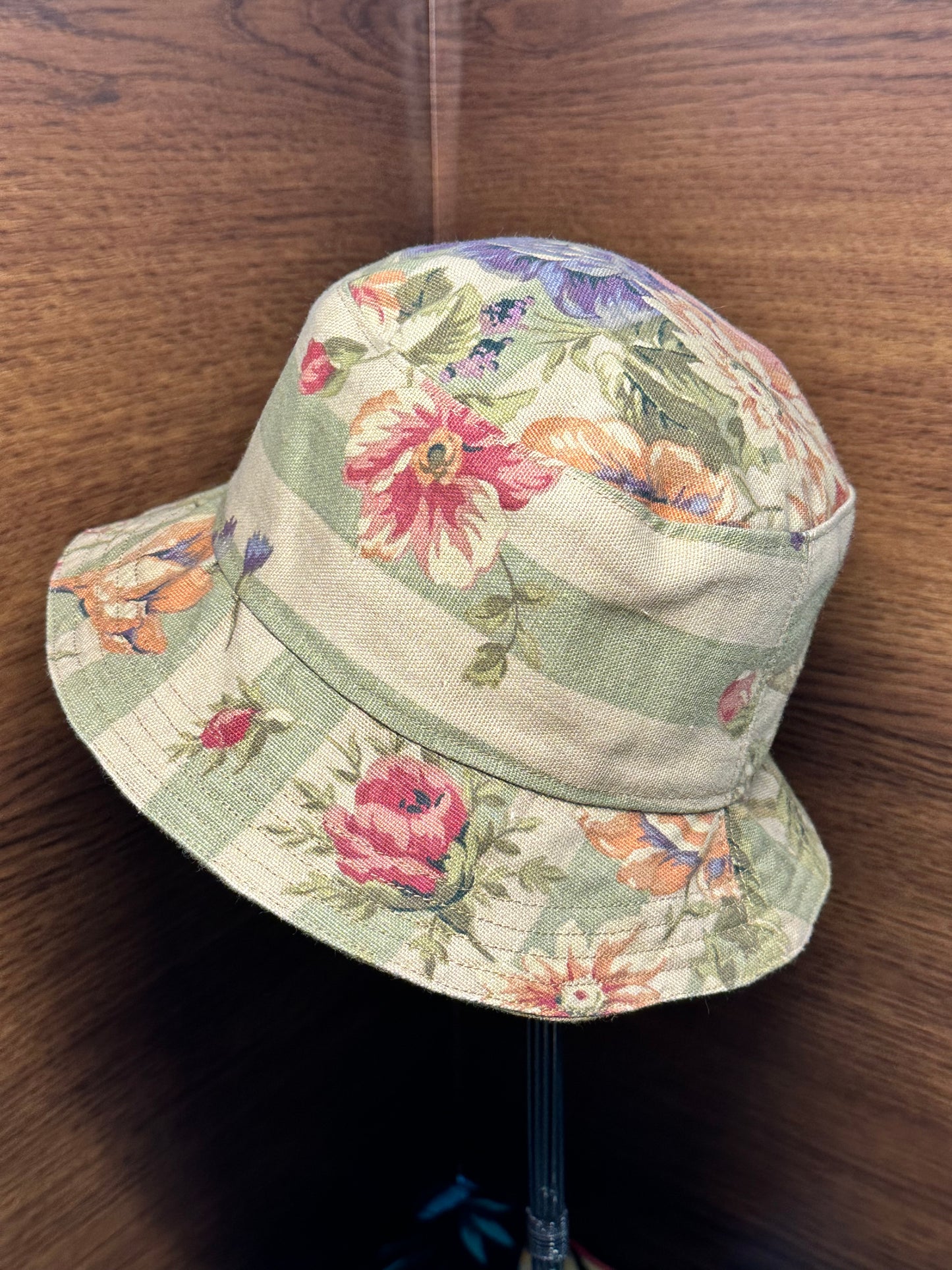 Bucket Hat Small Handmade Vintage Materials Sage Green Floral Stripe