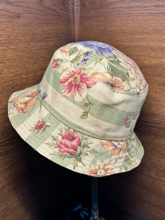 Bucket Hat Small Handmade Vintage Materials Sage Green Floral Stripe