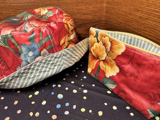 Bucket Hat & Soft Clutch Rust Red Floral Large