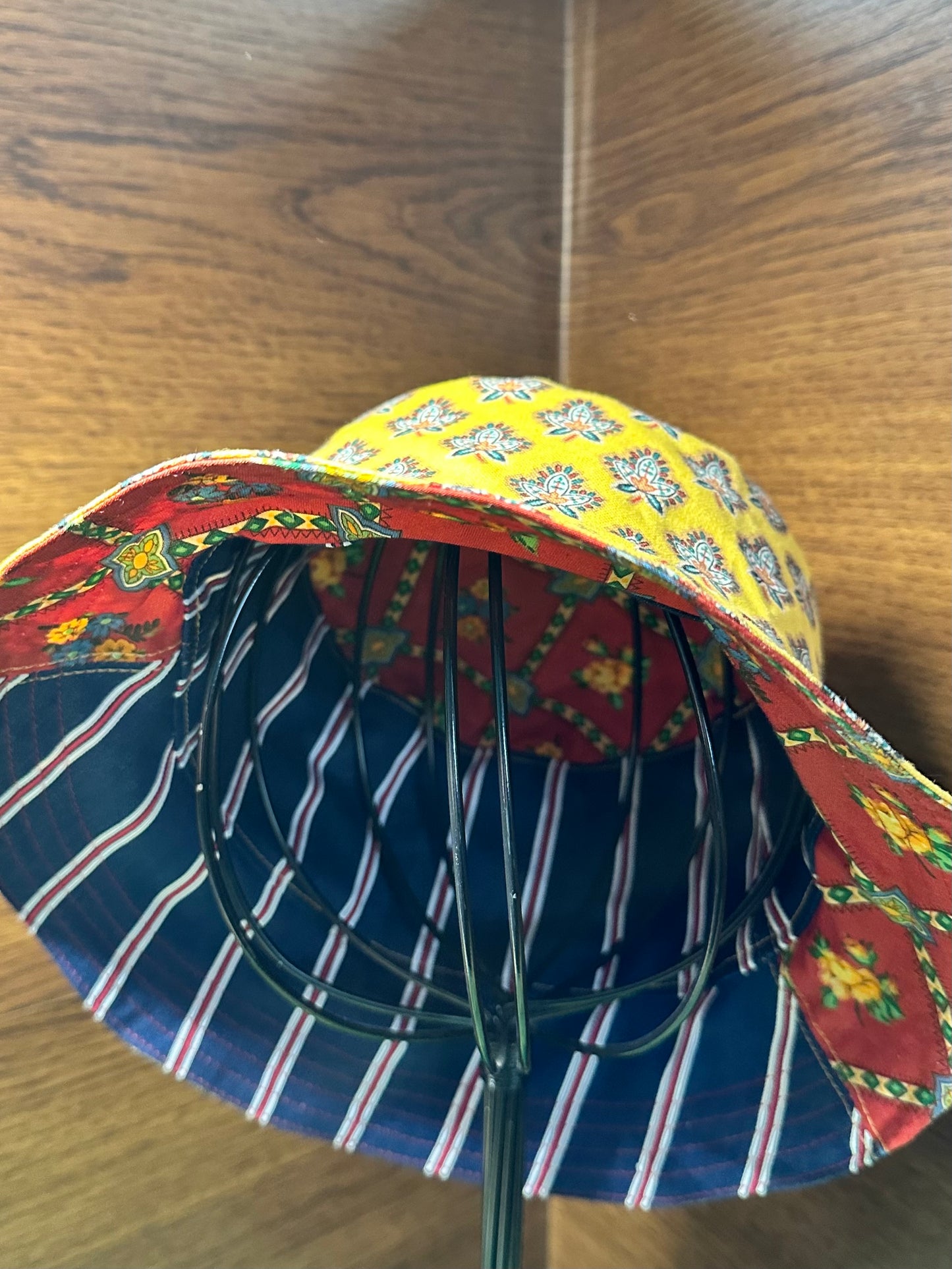 Blue Red Yellow Bucket Hat Small Handmade Vintage Materials