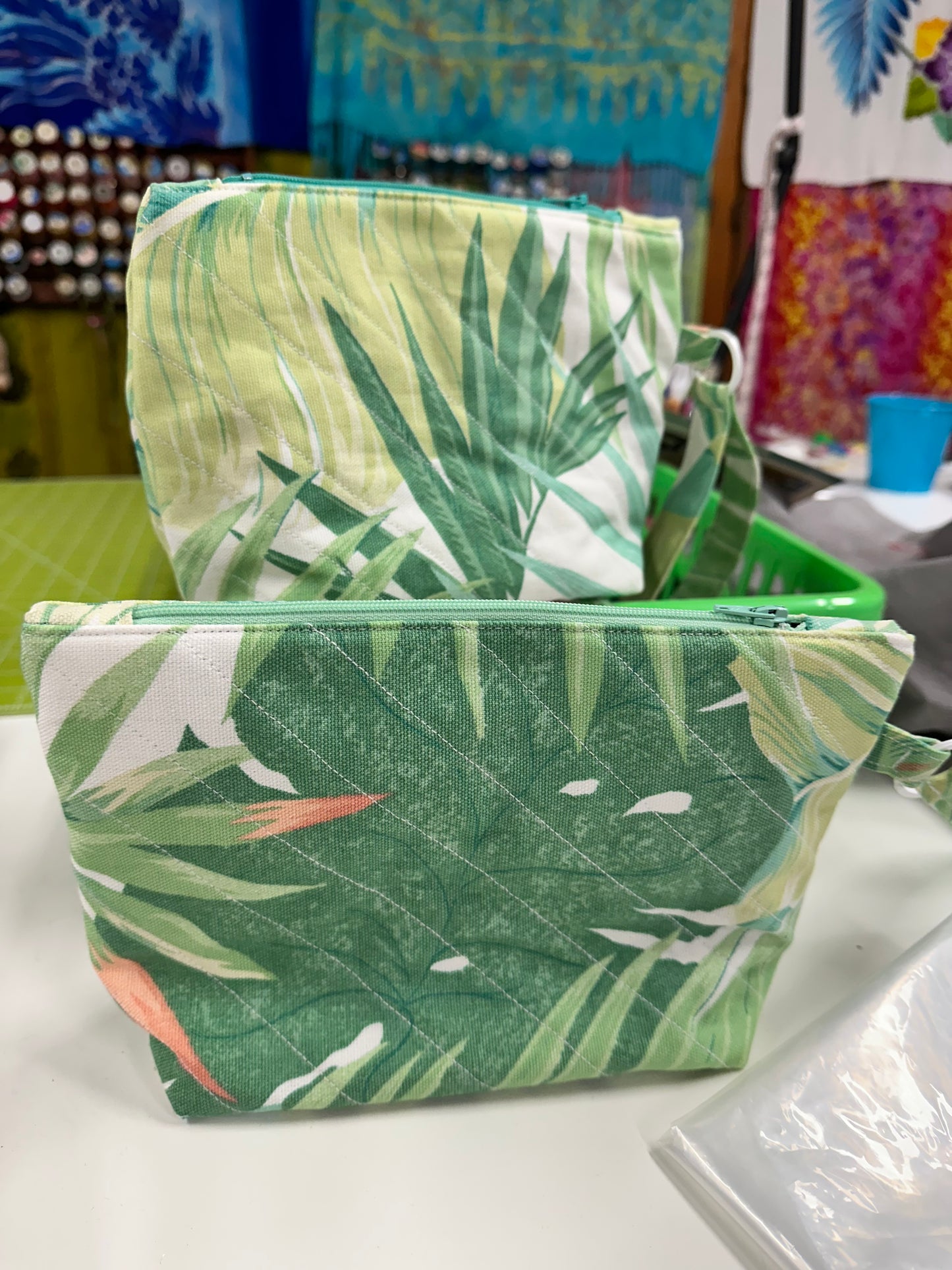 Bucket Hat & Quilted Clutch Set White with Palm Leaves