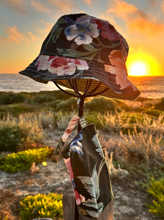 Bucket Hat & Soft Clutch Black Floral Large