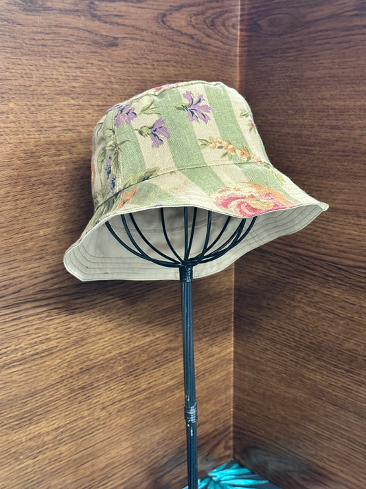 Bucket Hat Small Green Stripes Vintage Floral Handmade