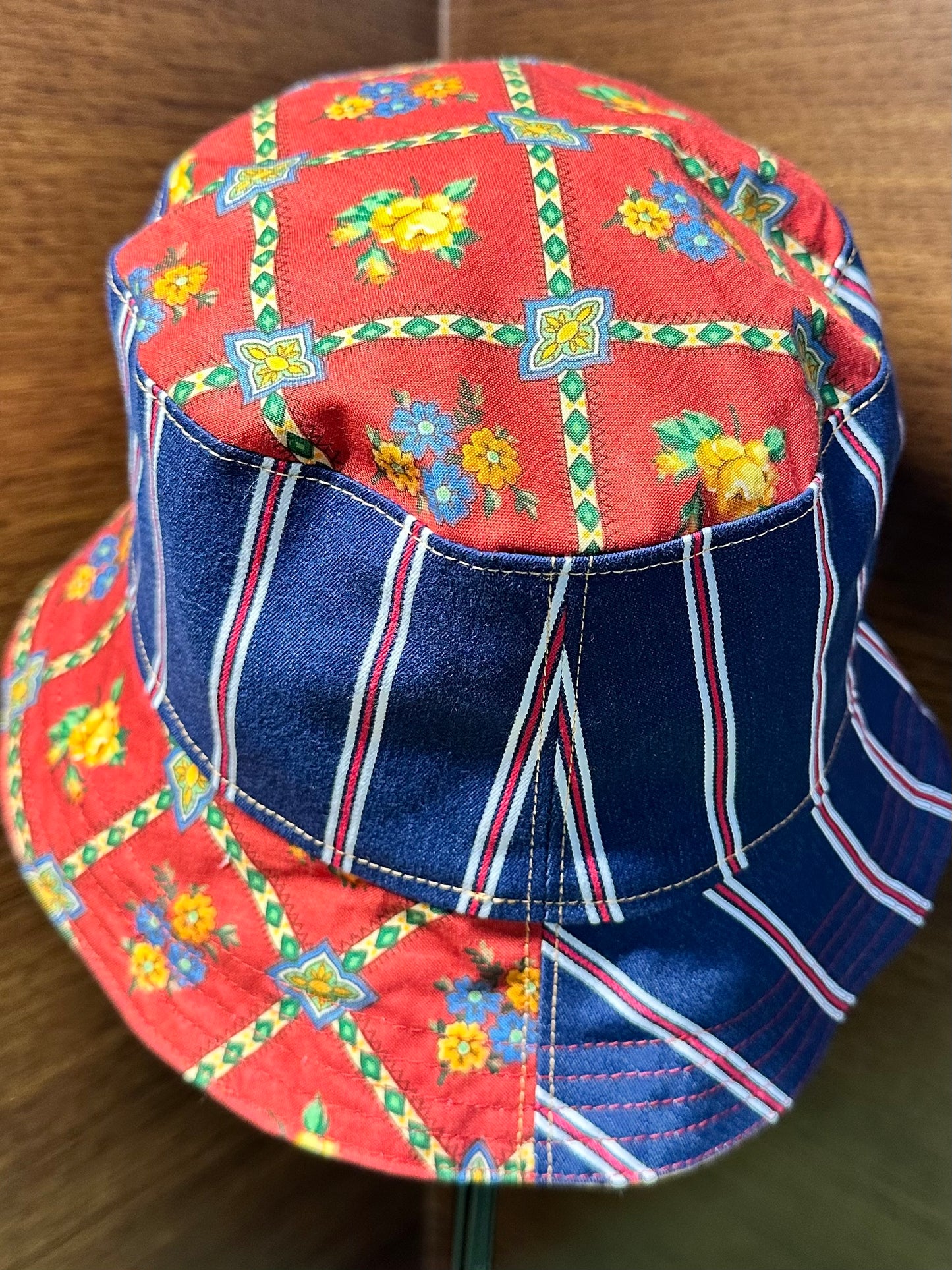 Blue Red Yellow Bucket Hat Small Handmade Vintage Materials