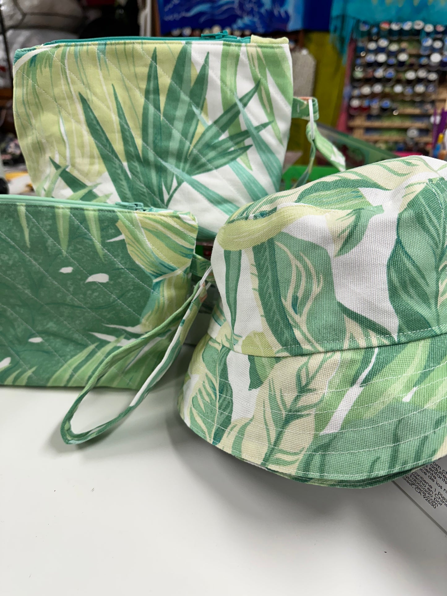 Bucket Hat & Quilted Clutch Set White with Palm Leaves