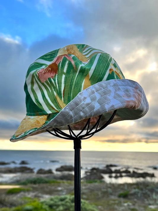 White Floral Canvas Bucket Hat L Handmade Vintage Materials