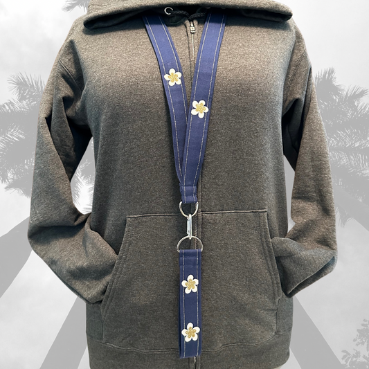 Lanyard and Wrist Strap Navy with White and Gold Tropical Flowers