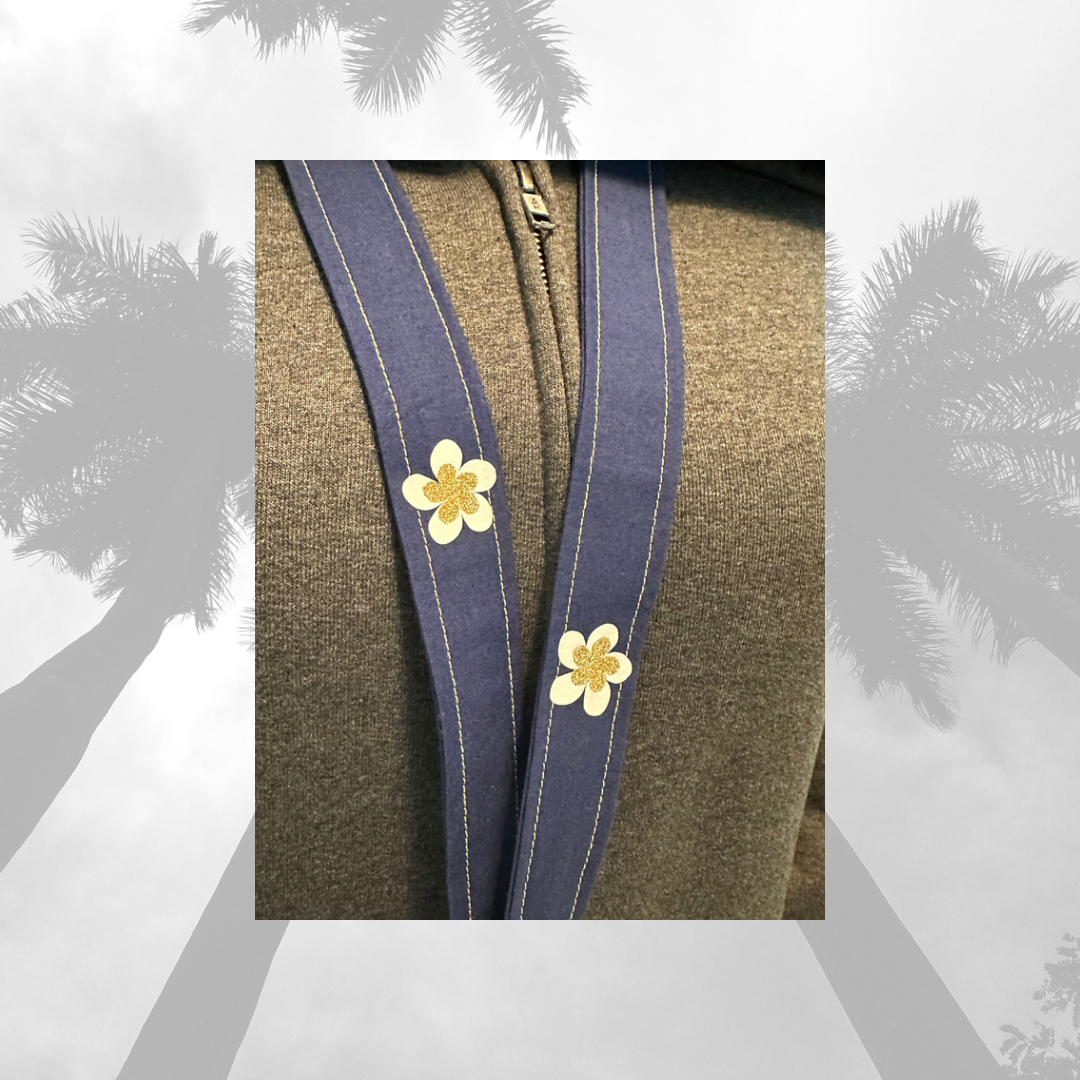 Lanyard and Wrist Strap Navy with White and Gold Tropical Flowers